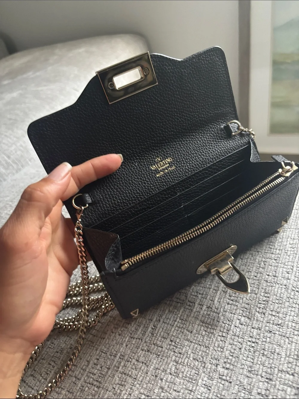 Valentino Black Pebbled Leather Crossbody with Gold Stud Detail